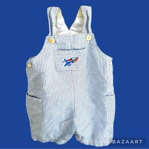 Petit‎ Confection Seer Sucker Striped Airplane Overalls One Piece Romper
